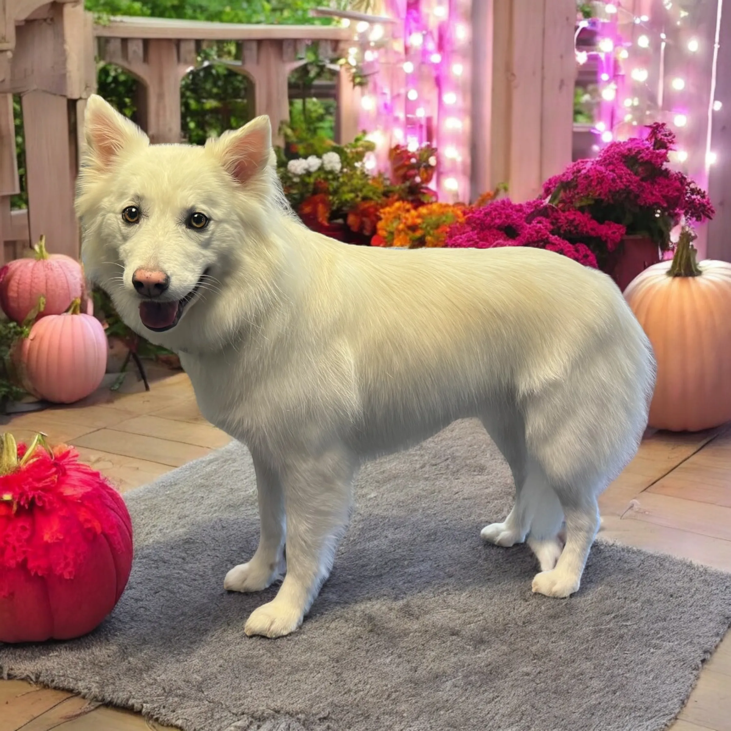 A creatively styled dog with festive surroundings